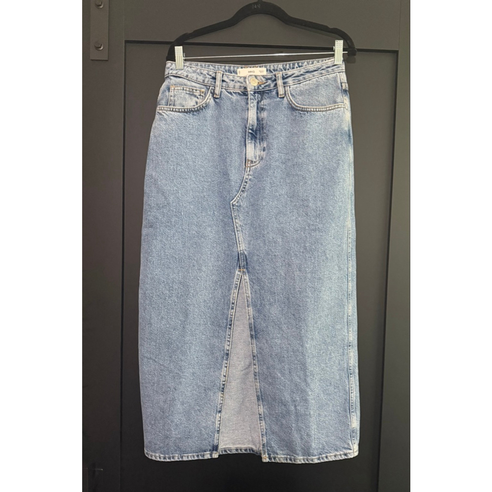 MNG Mango Blue Denim Midi Skirt Size Medium Front Slit 100% Cotton